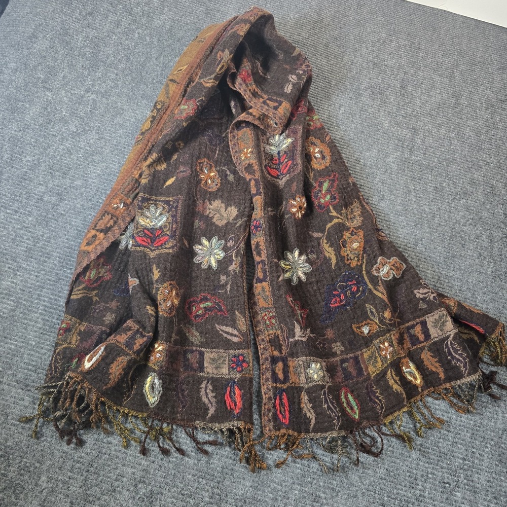 Savican Embroidered Floral Shawl Wrap 70" Brown Boho Fringe 100% Acrylic India